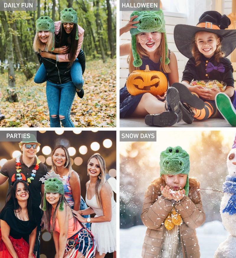 Puzzled DolliBu Stuffed Animal Alligator Plush Hat - Super Soft Wild Animal Winter Beanie With Ear Flaps, Cute Green Plush Costume Hat for Halloween or Cosplay - One Size - Image 3